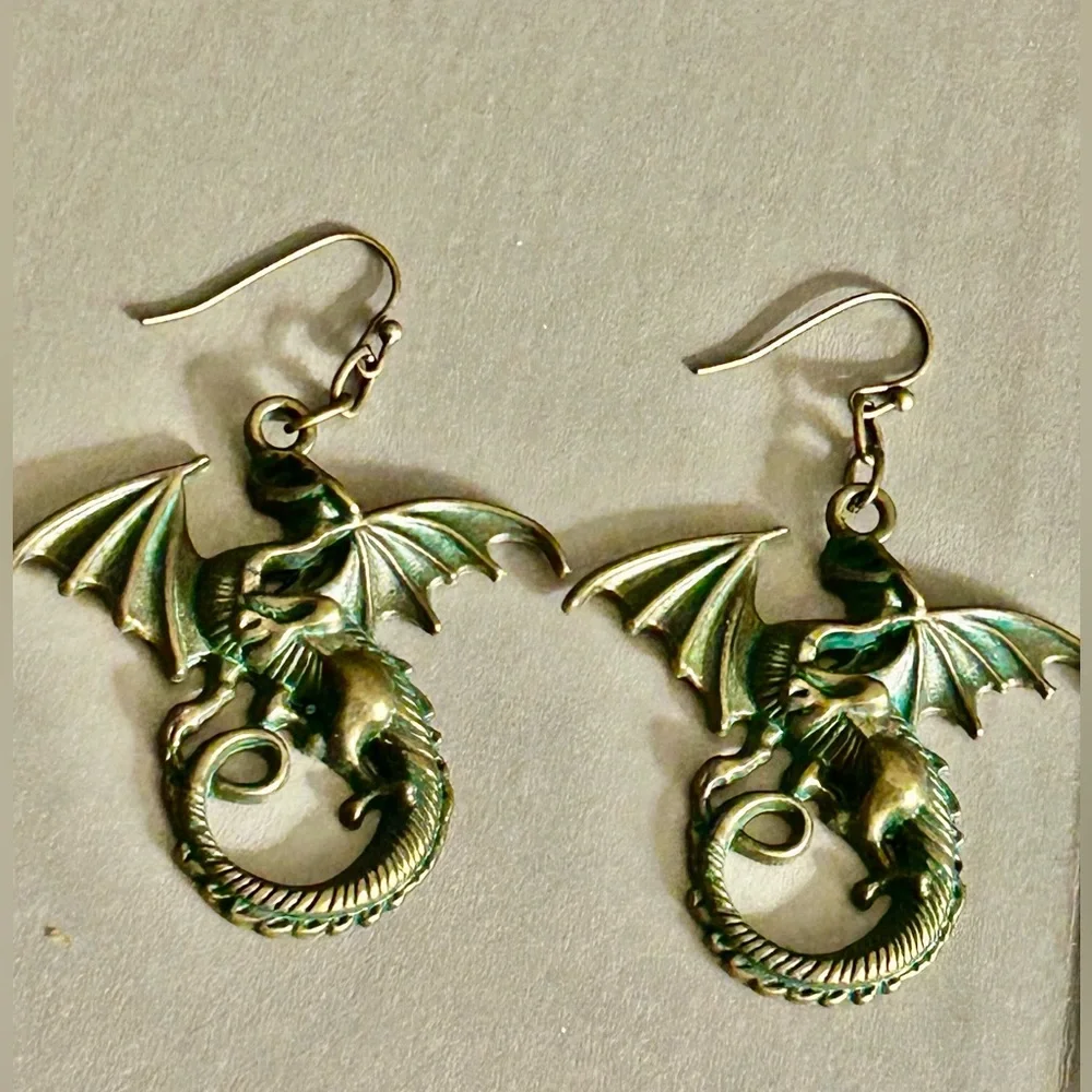 Earrings Gothic flying Dragons in Brass w Green Verdigris finish pierced, drop